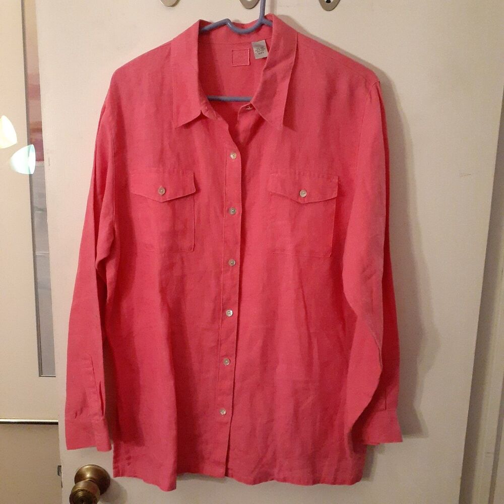 Chico's Lino Linen SHIRT Women's 2 Xl 1x 12 14  Hot Pink Button-down Top Blouse